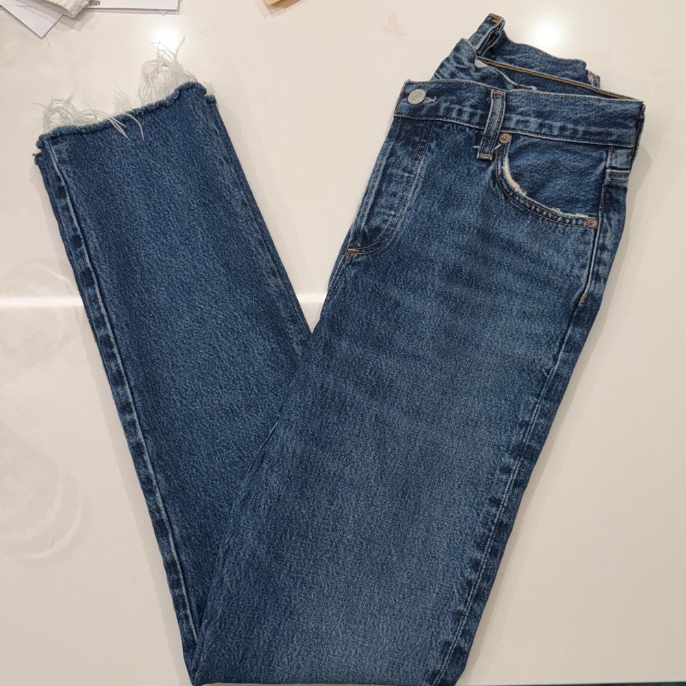Agolde Criss Cross Straight Jeans Range Wash Size 24 High Rise Asymmetric Dark